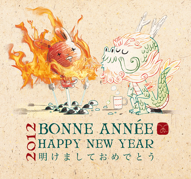 carte de voeux 2012, année du dragon, année du lapin