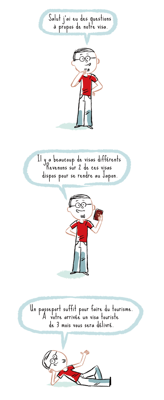 Salut, j'ai eu des questions à propos de notre visa. Il y a beaucoup de visas différents. revenons sur 2 de ces visas dispos pour se rendre au Japon. Un passeport suffit pour faire du tourisme. A votre arrivée un visa touriste de 3 mois vous sera délivré.