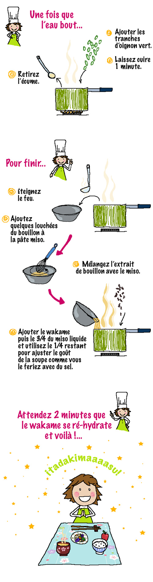 Versez l'eau et le dashi dans une casserole. Porter à ébullition sur feu moyen. Coupez l'oignon vert en fines tranches, mettez la pâte miso de côté dans un bol. Une fois que l'eau bout, ajoutez les tranches d'oignon vert, laissez cuire 1 min. Itadakimasu !